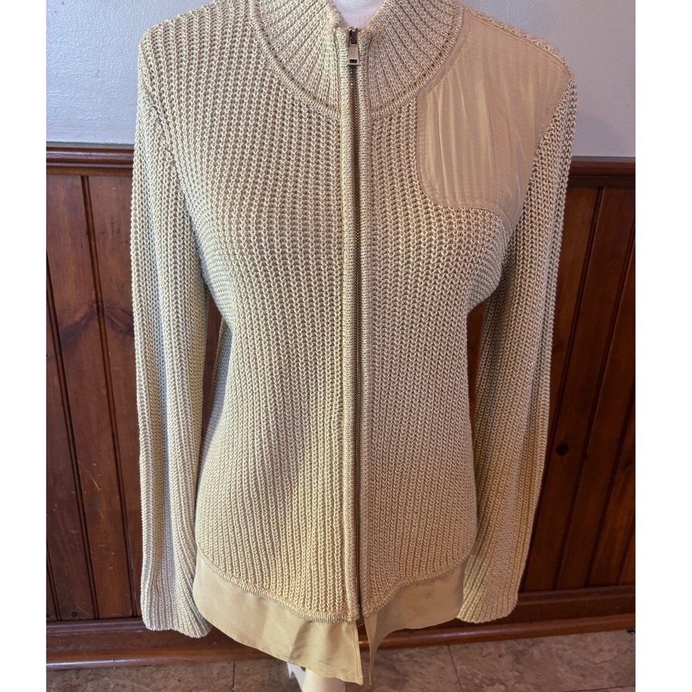 St. John Womens Beige Wool‎ Silk Metallic Cardigan Sweater Elbow Patches Medium